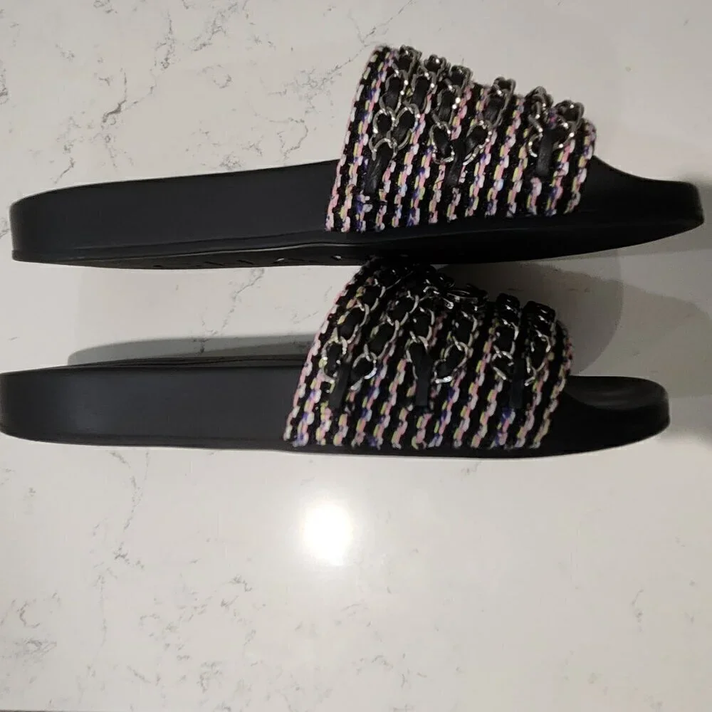 Chanel Leather & Tweed Black Slides, Authentic